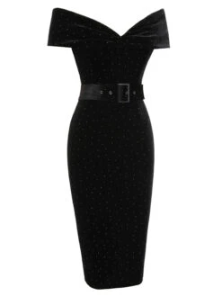 Black 1960s Off-Shoulder Rhinestones Velvet Dress -Candi Clothing Shop SCV021045 2