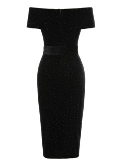 Black 1960s Off-Shoulder Rhinestones Velvet Dress -Candi Clothing Shop SCV021045 3