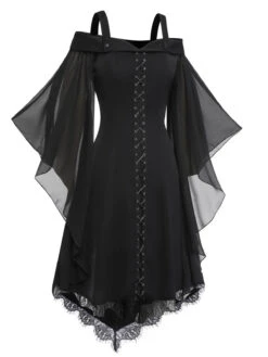 Black 1950s Bat Sleeve Lace-Up Dress -Candi Clothing Shop SCV021081 2