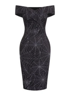 Black 1960s Off-shoulder Spider Web Dress 10 Black 1960s Off-shoulder Spider Web Dress -Candi Clothing Shop SCV021131 1
