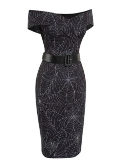 Black 1960s Off-shoulder Spider Web Dress 11 Black 1960s Off-shoulder Spider Web Dress -Candi Clothing Shop SCV021131 4