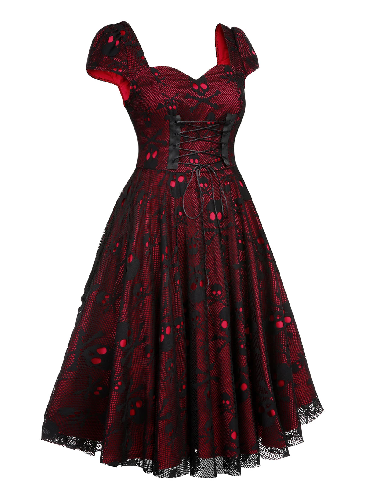 Wine Red 1950s Skull Mesh Swing Dress 4 Wine Red 1950s Skull Mesh Swing Dress - Image 4