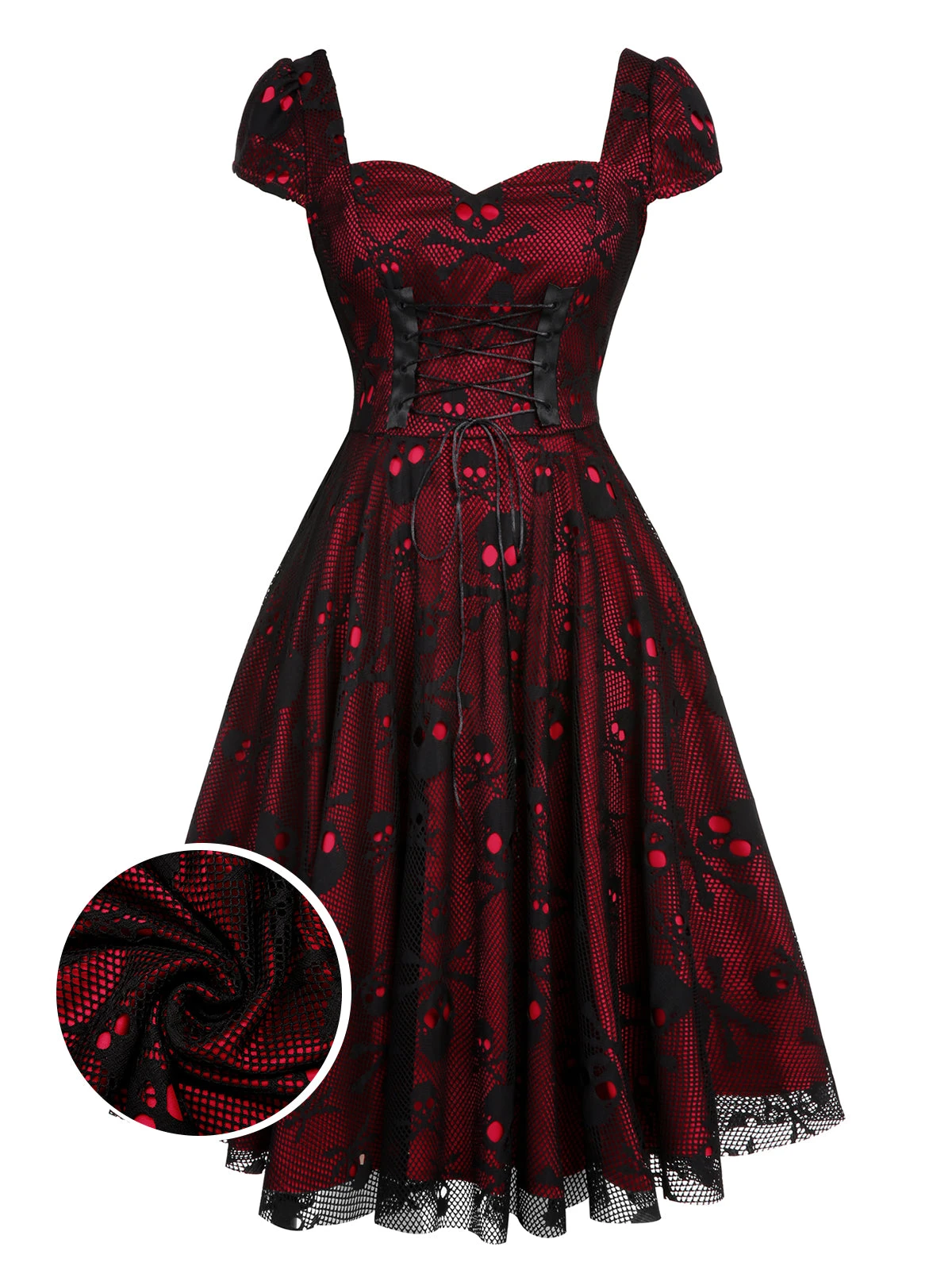 Wine Red 1950s Skull Mesh Swing Dress 1 Wine Red 1950s Skull Mesh Swing Dress