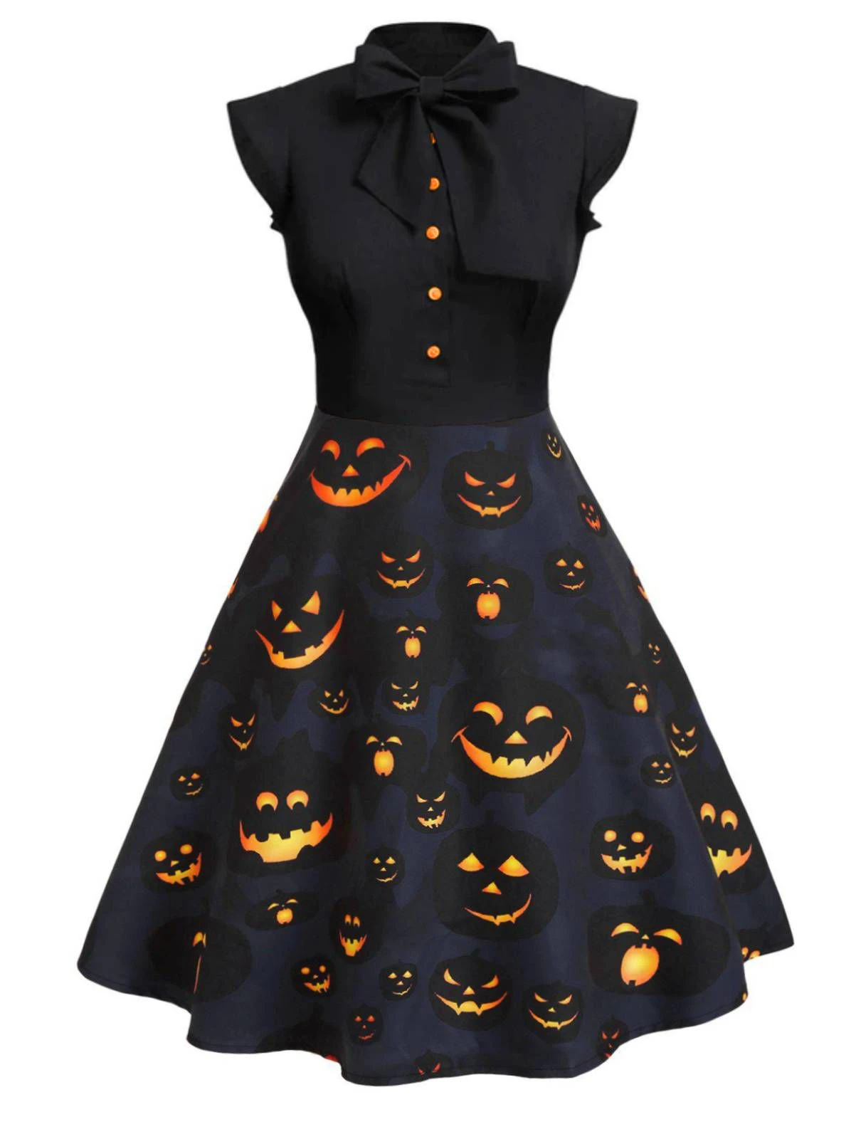 Black 1950s Halloween Pumpkin Patchwork Dress 1 Black 1950s Halloween Pumpkin Patchwork Dress