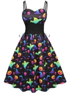 1950s Halloween Colorful Print Strap Dress 9 1950s Halloween Colorful Print Strap Dress -Candi Clothing Shop SCV021205 1