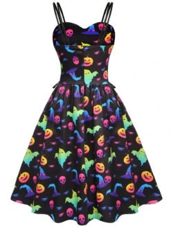 1950s Halloween Colorful Print Strap Dress 10 1950s Halloween Colorful Print Strap Dress -Candi Clothing Shop SCV021205 3