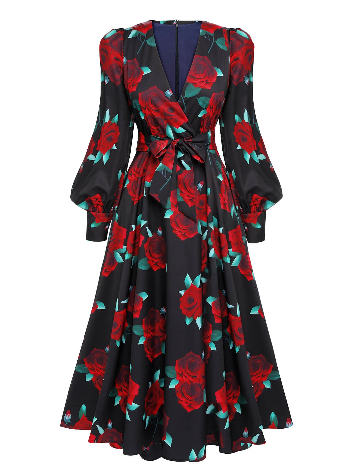 Black 1940s Rose Lantern Sleeve Lace-Up Dress 2 Black 1940s Rose Lantern Sleeve Lace-Up Dress - Image 2