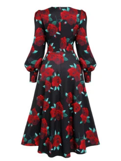 Black 1940s Rose Lantern Sleeve Lace-Up Dress 10 Black 1940s Rose Lantern Sleeve Lace-Up Dress -Candi Clothing Shop SCV021223 2