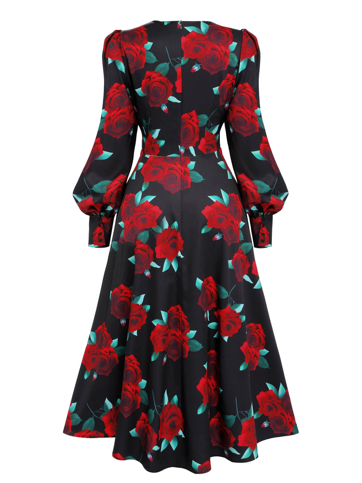 Black 1940s Rose Lantern Sleeve Lace-Up Dress 4 Black 1940s Rose Lantern Sleeve Lace-Up Dress - Image 4