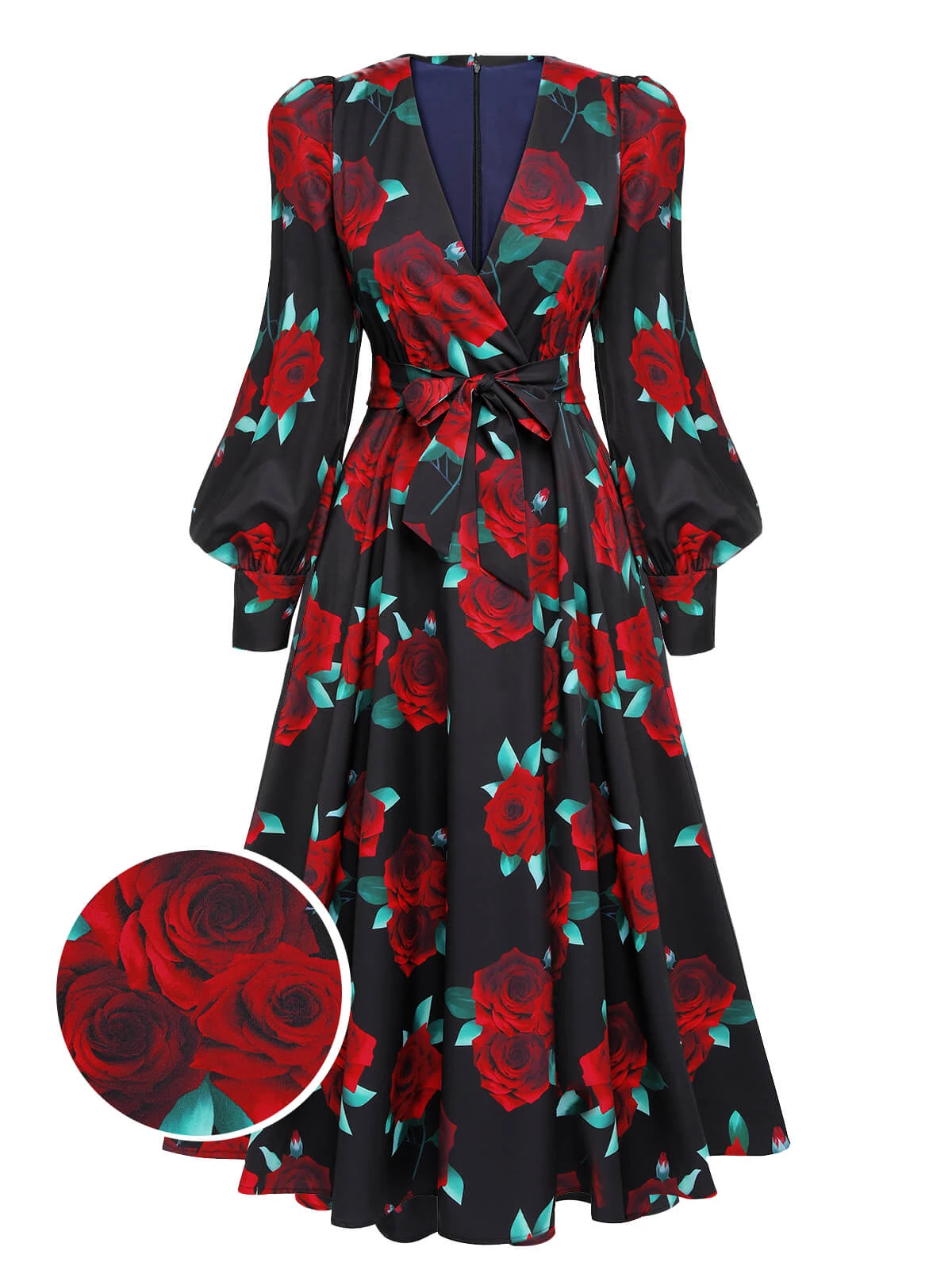 Black 1940s Rose Lantern Sleeve Lace-Up Dress 1 Black 1940s Rose Lantern Sleeve Lace-Up Dress