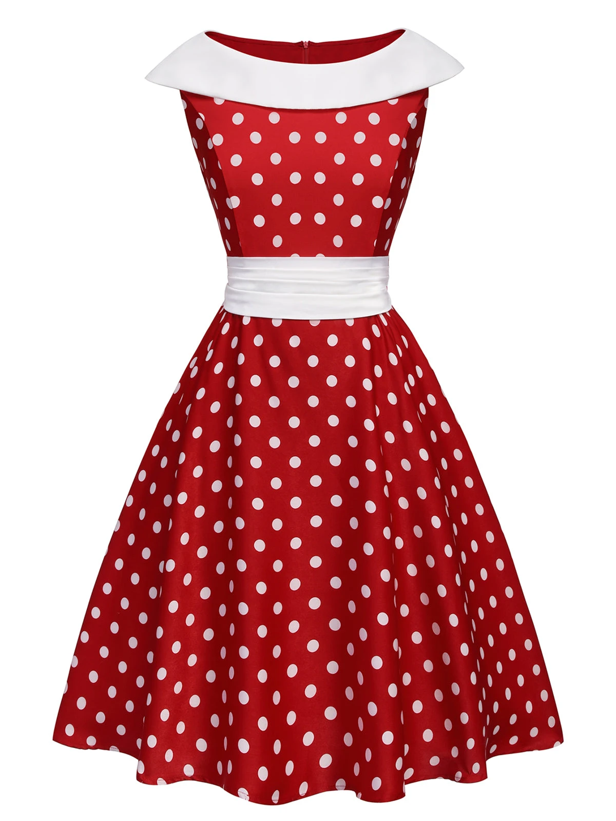 Red 1950s Dots Patchwork Swing Dress 2 Red 1950s Dots Patchwork Swing Dress - Image 2