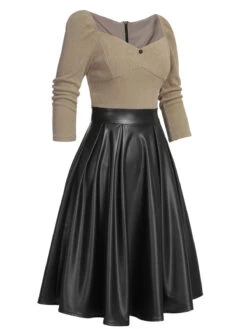 Khaki 1950s Knitted Leather Patchwork Dress -Candi Clothing Shop SCV021317 3