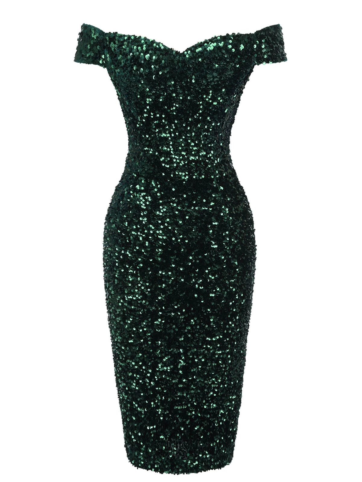 Green 1960s Sequins Off-Shoulder Pencil Dress 2 Green 1960s Sequins Off-Shoulder Pencil Dress - Image 2