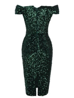 Green 1960s Sequins Off-Shoulder Pencil Dress 10 Green 1960s Sequins Off-Shoulder Pencil Dress -Candi Clothing Shop SCV021325 2