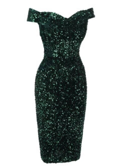 Green 1960s Sequins Off-Shoulder Pencil Dress 9 Green 1960s Sequins Off-Shoulder Pencil Dress -Candi Clothing Shop SCV021325 3