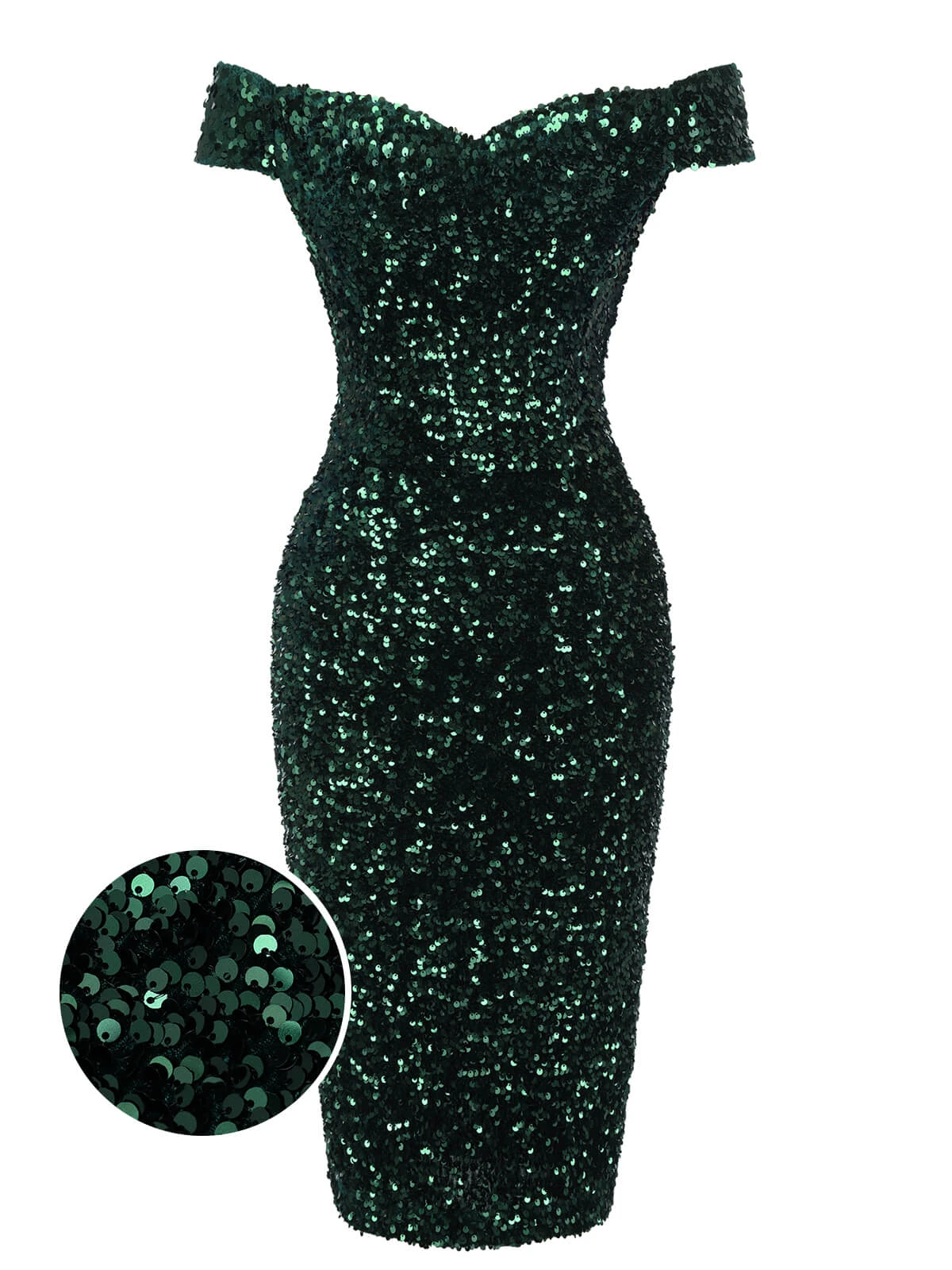 Green 1960s Sequins Off-Shoulder Pencil Dress 1 Green 1960s Sequins Off-Shoulder Pencil Dress