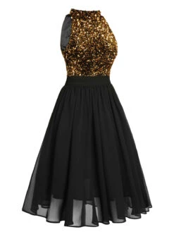 Black 1950s Gold Glitter Patchwork Dress 9 Black 1950s Gold Glitter Patchwork Dress -Candi Clothing Shop SCV021327 B 4