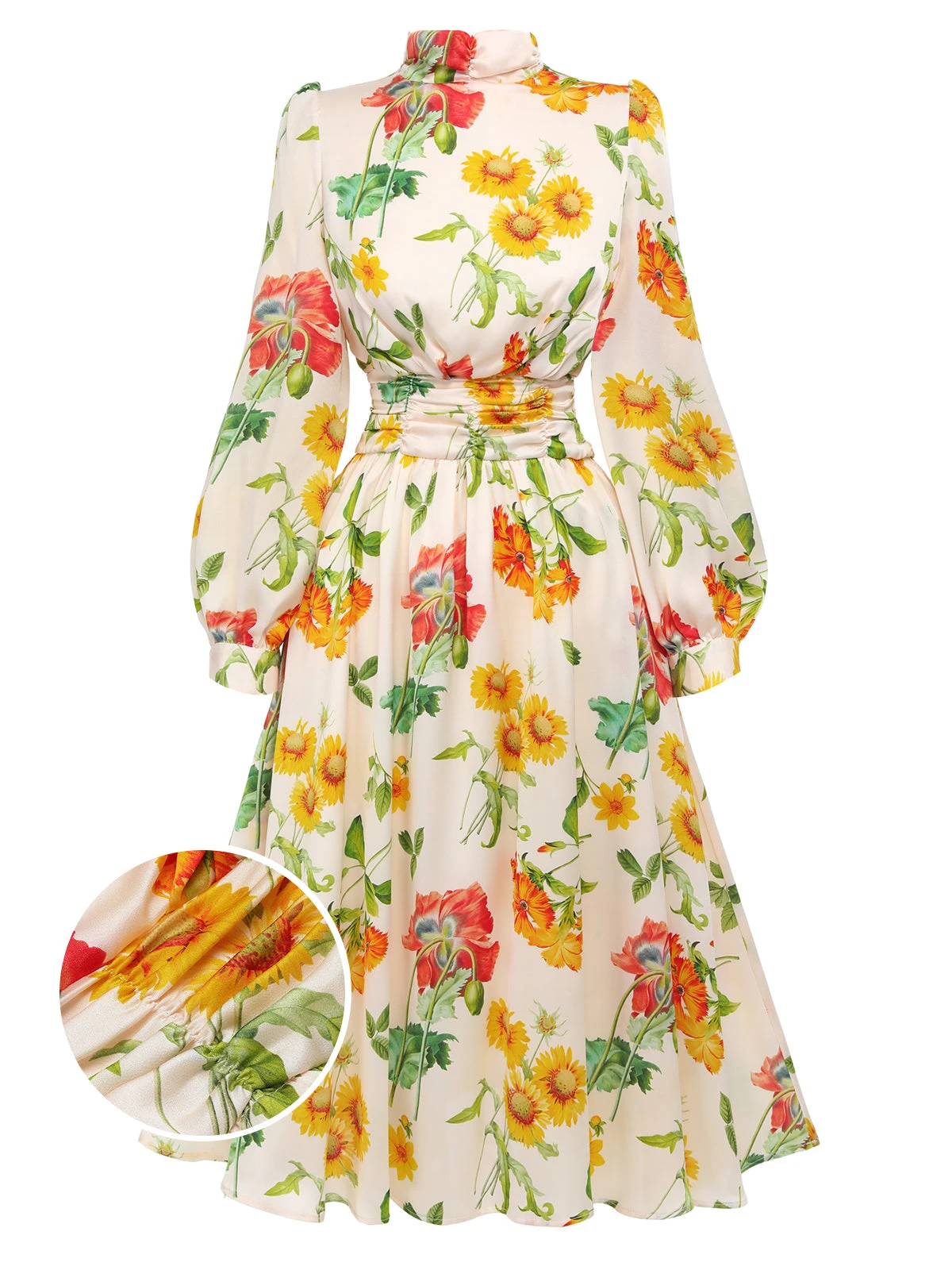 1930s Flower Long Sleeves Swing Dress 1 1930s Flower Long Sleeves Swing Dress