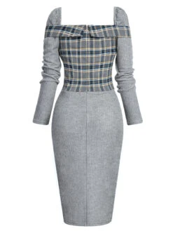 Gray 1960s Plaid Patchwork Pencil Dress 10 Gray 1960s Plaid Patchwork Pencil Dress -Candi Clothing Shop SCV021346