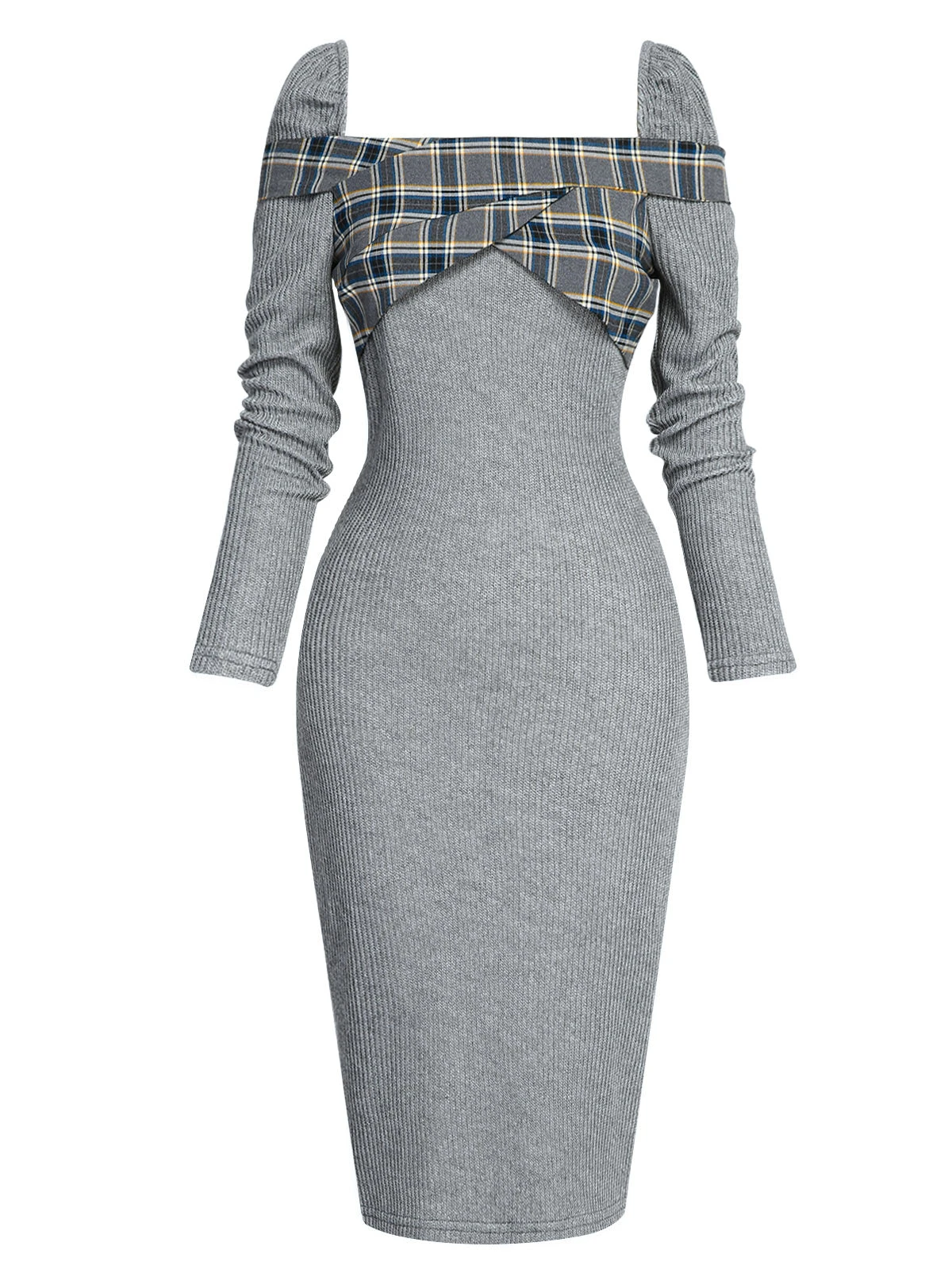 Gray 1960s Plaid Patchwork Pencil Dress 2 Gray 1960s Plaid Patchwork Pencil Dress - Image 2