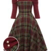 Wine Red 1950s Plaids Off-Shoulder Dress