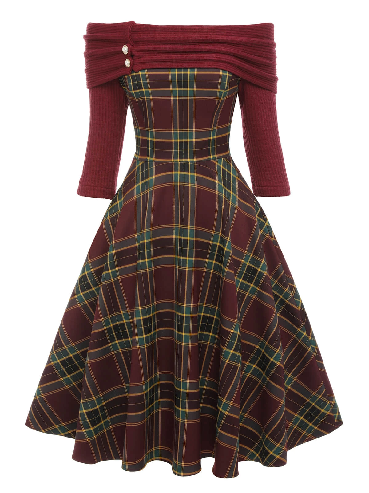 Wine Red 1950s Plaids Off-Shoulder Dress 2 Wine Red 1950s Plaids Off-Shoulder Dress - Image 2