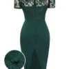 Dark Green 1960s Lace Off-shoulder Dress