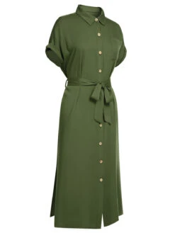 Green 1940s Solid Belted Slit Dress -Candi Clothing Shop SCV021538 2 compressed