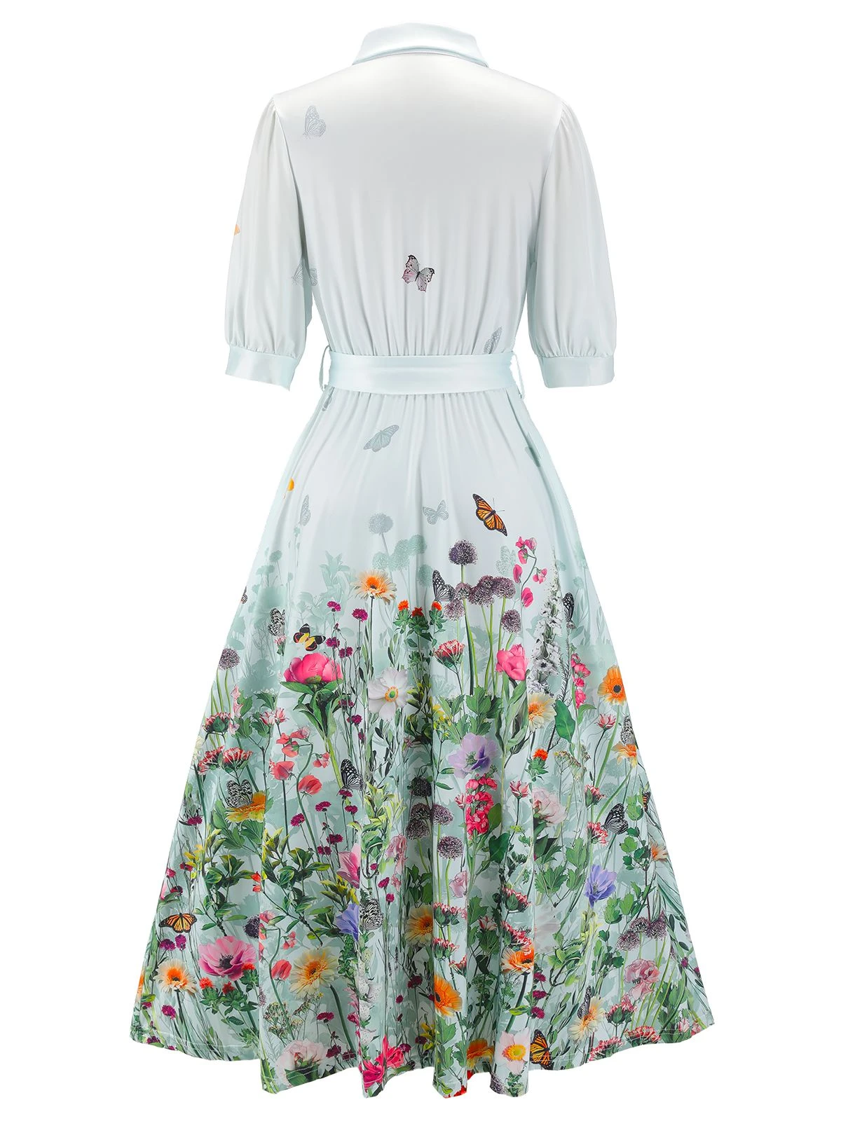 Light Blue 1940s Floral Shirt Neck Belt Dress 2 Light Blue 1940s Floral Shirt Neck Belt Dress - Image 2