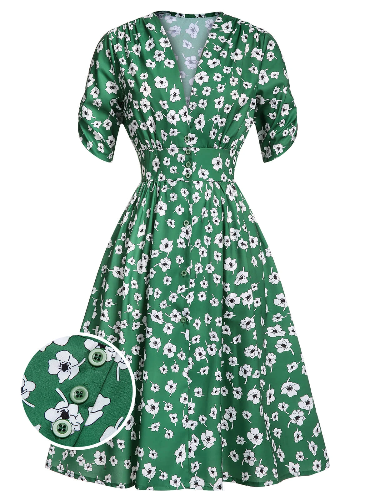 Green 1940s V-Neck Floral Dress 1 Green 1940s V-Neck Floral Dress