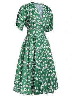 Green 1940s V-Neck Floral Dress 9 Green 1940s V-Neck Floral Dress -Candi Clothing Shop SCV021556 2
