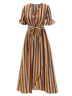 Earth Yellow 1950s Stripes Wrap Waist Dress 9 Earth Yellow 1950s Stripes Wrap Waist Dress -Candi Clothing Shop SCV021566 2