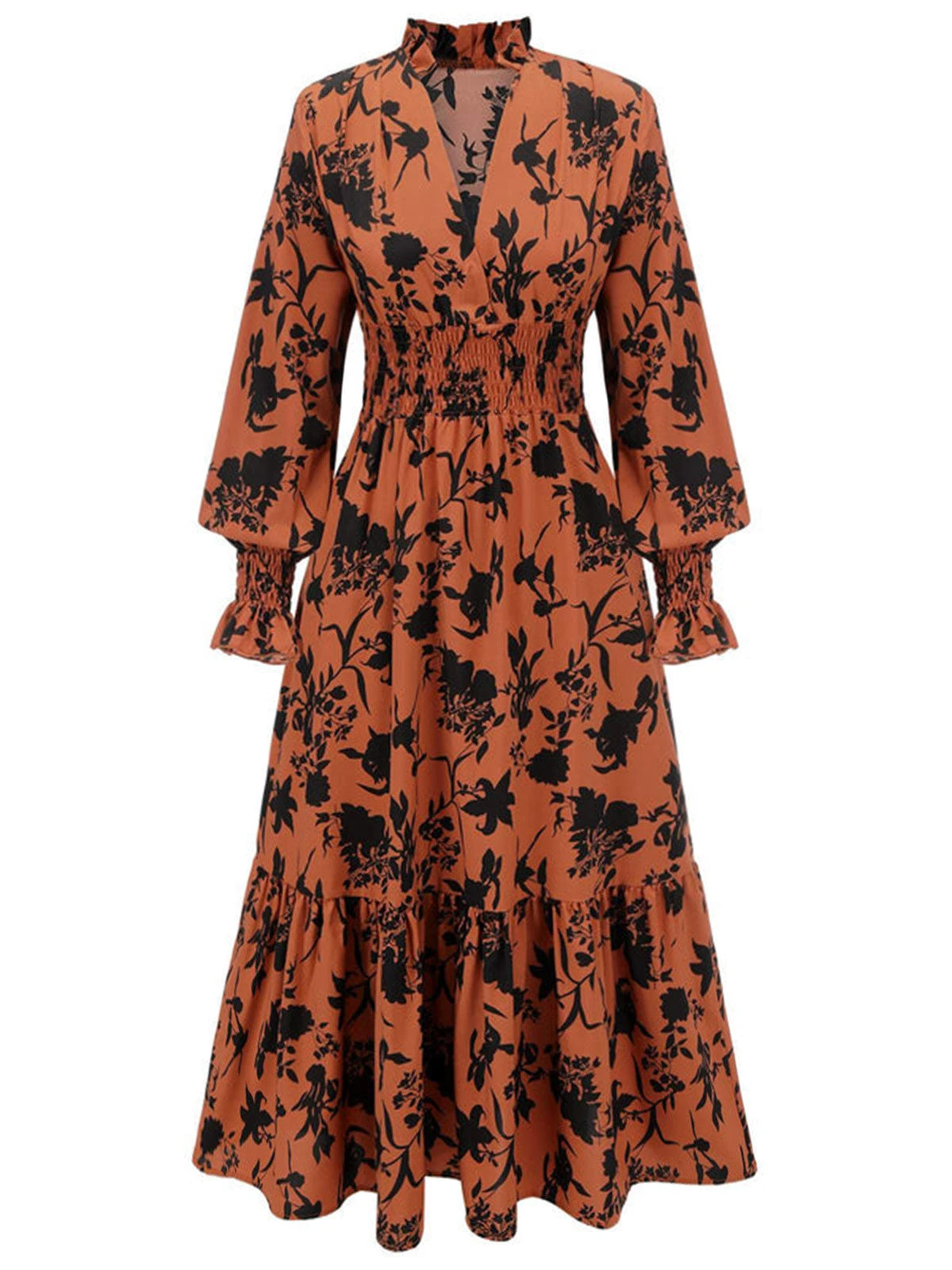 Orange 1950s Floral V-Neck High Waist Dress 1 Orange 1950s Floral V-Neck High Waist Dress