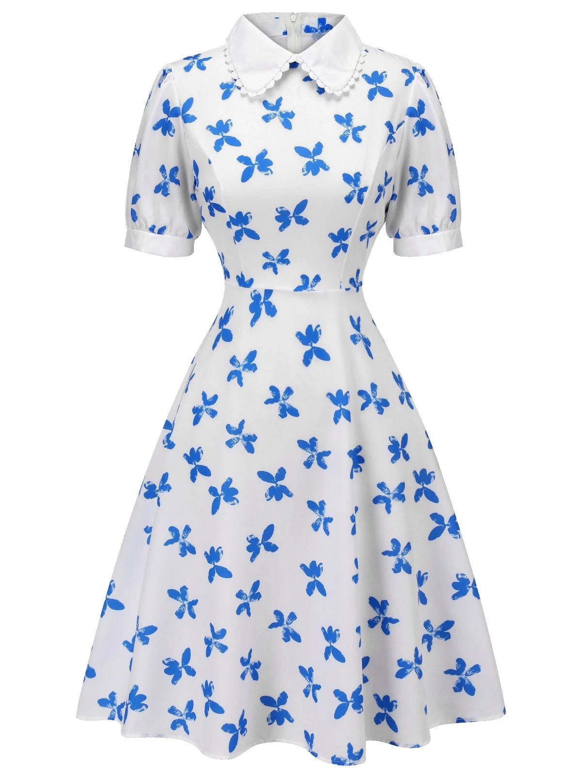 1940s Blue Butterfly Doll Neck Dress 2 1940s Blue Butterfly Doll Neck Dress - Image 2