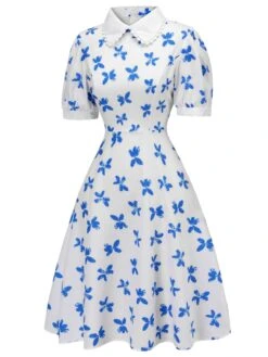 1940s Blue Butterfly Doll Neck Dress 9 1940s Blue Butterfly Doll Neck Dress -Candi Clothing Shop SCV021573 2