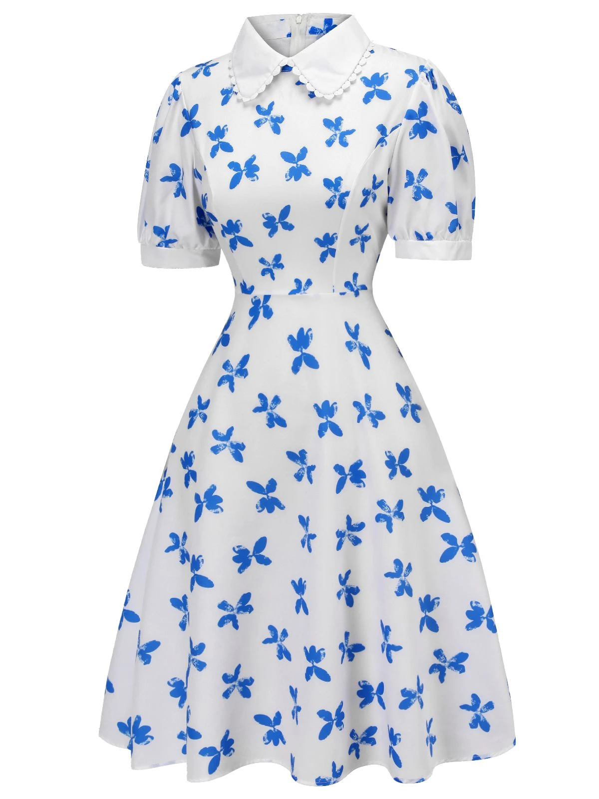 1940s Blue Butterfly Doll Neck Dress 3 1940s Blue Butterfly Doll Neck Dress - Image 3
