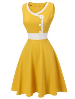 Yellow & White 1940s Buttons Patchwork Dress 9 Yellow & White 1940s Buttons Patchwork Dress -Candi Clothing Shop SCV021574 2