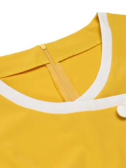 Yellow & White 1940s Buttons Patchwork Dress 11 Yellow & White 1940s Buttons Patchwork Dress -Candi Clothing Shop SCV021574 4