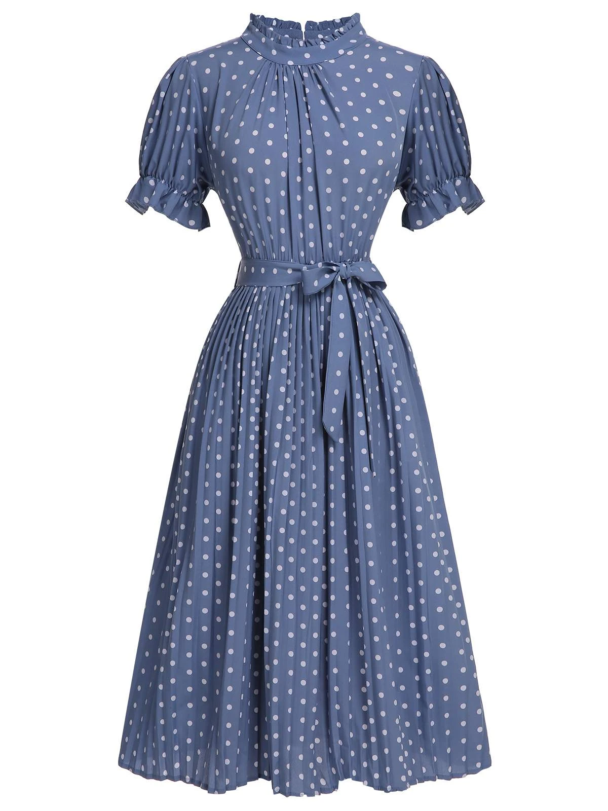 Blue 1930s Polka Dots Bow Tie Pleated Dress 1 Blue 1930s Polka Dots Bow Tie Pleated Dress