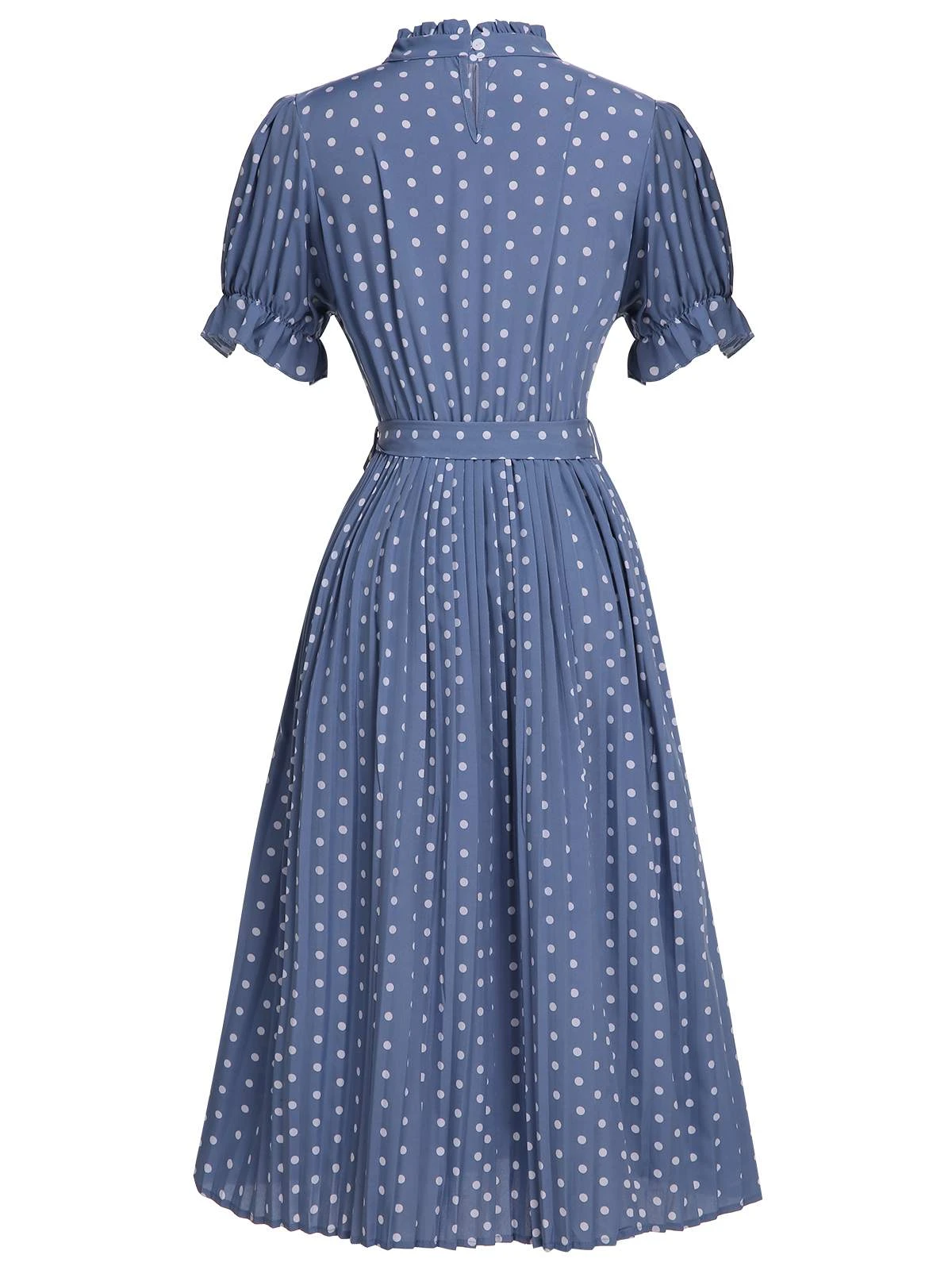 Blue 1930s Polka Dots Bow Tie Pleated Dress 2 Blue 1930s Polka Dots Bow Tie Pleated Dress - Image 2