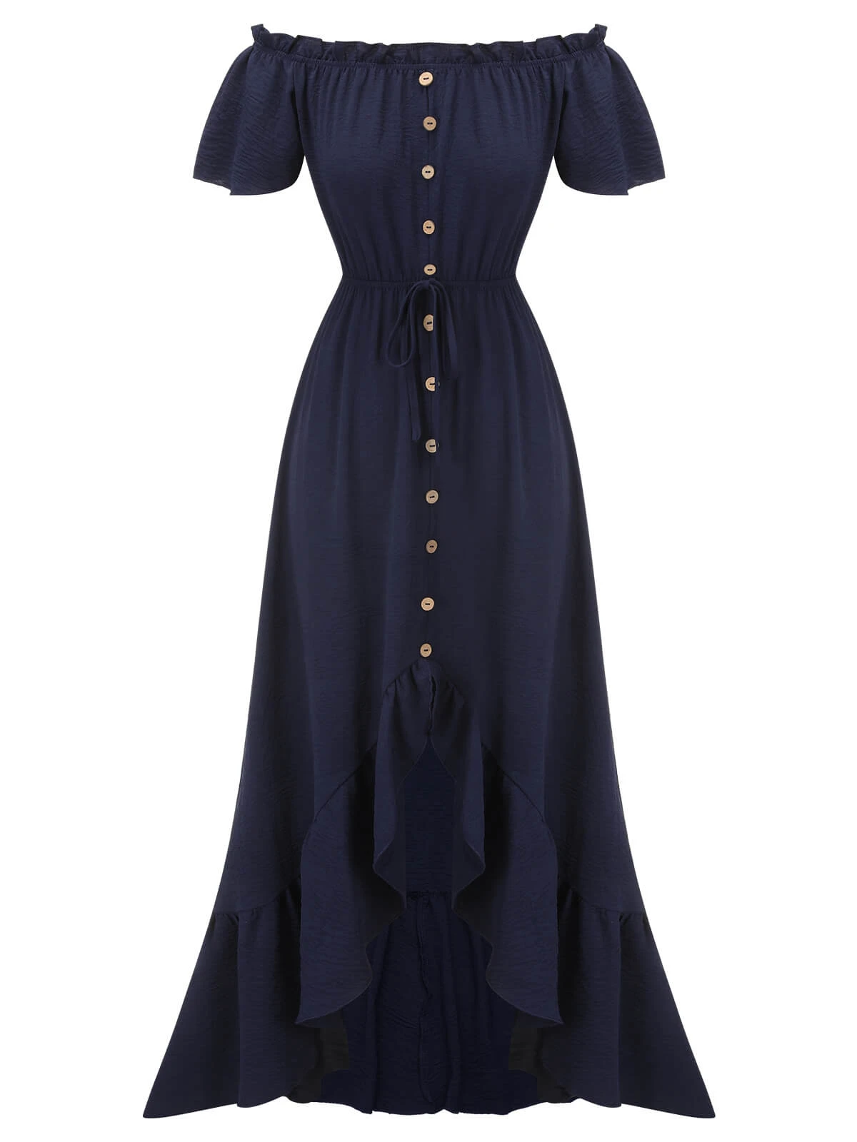 1930s Navy Blue One-Shoulder Button Long Dress 1 1930s Navy Blue One-Shoulder Button Long Dress