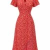 Red 1930s Floral V-Neck Added Button Dress