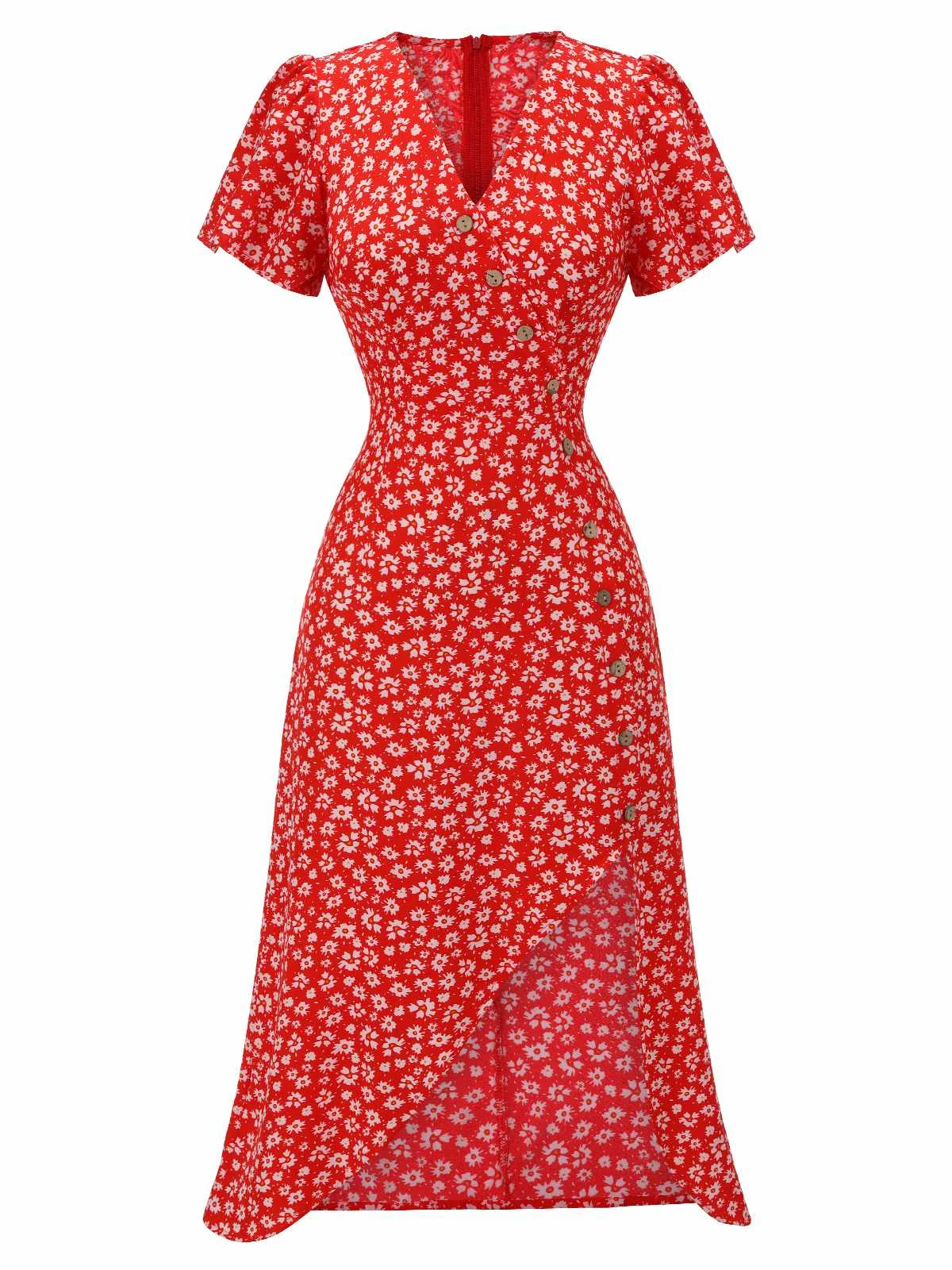 Red 1930s Floral V-Neck Added Button Dress 1 Red 1930s Floral V-Neck Added Button Dress