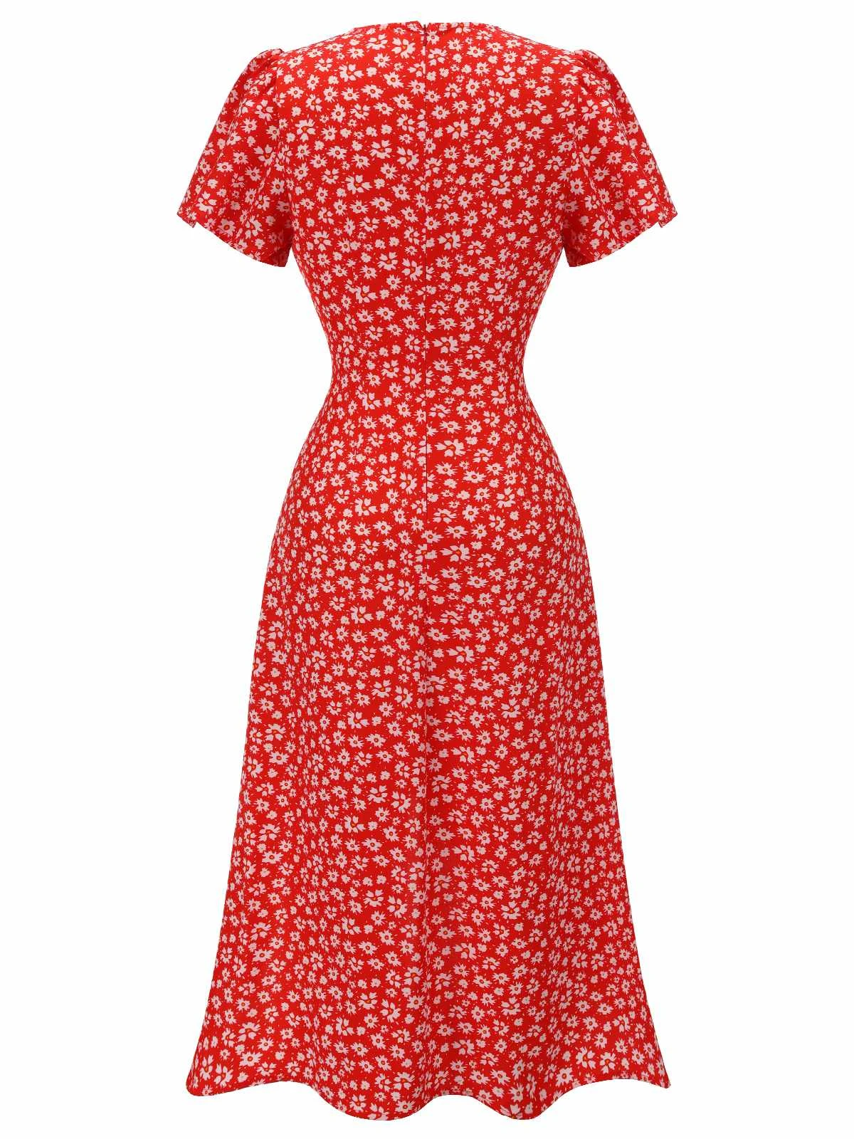 Red 1930s Floral V-Neck Added Button Dress 2 Red 1930s Floral V-Neck Added Button Dress - Image 2