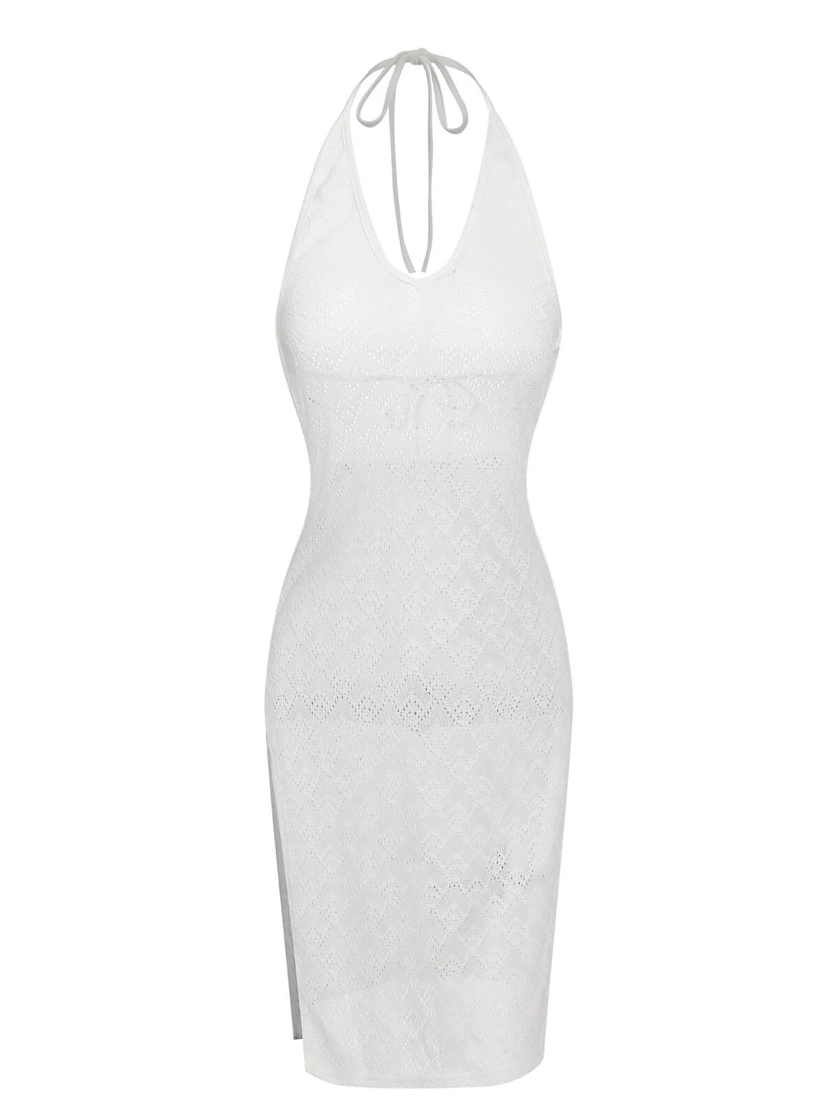 White 1960s Knitted Halter Dress Cover-Up 2 White 1960s Knitted Halter Dress Cover-Up - Image 2