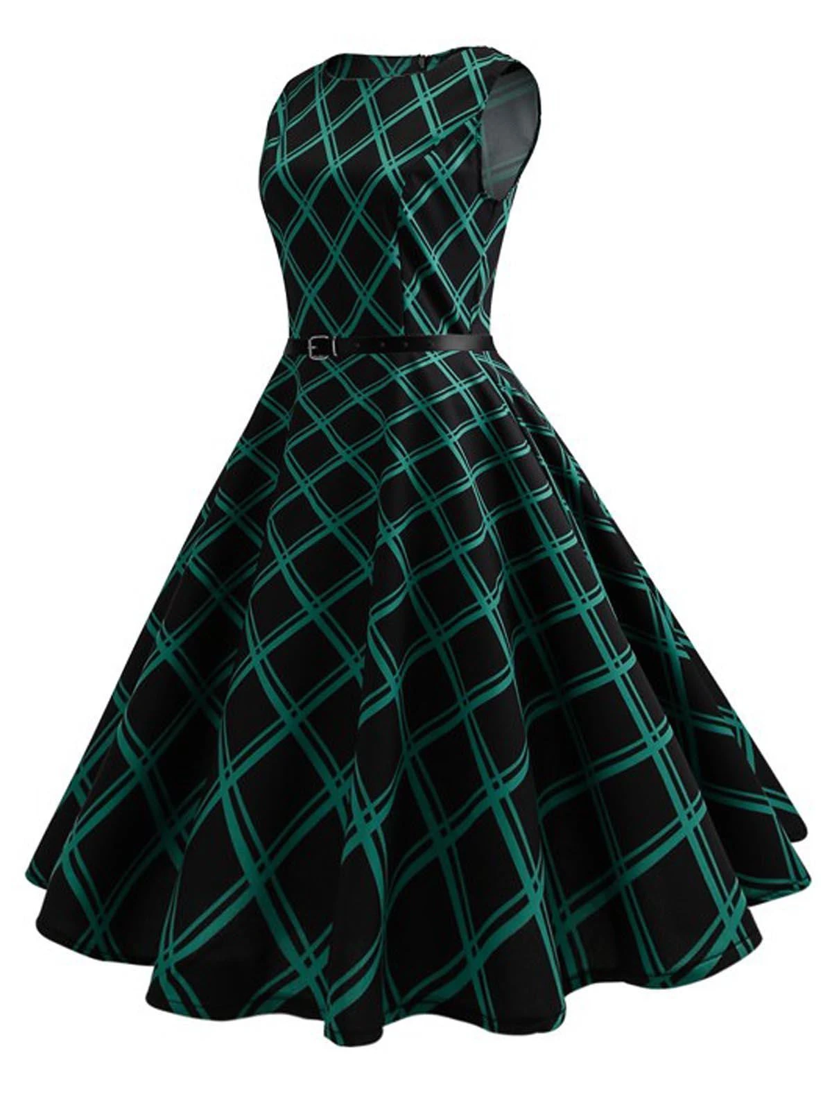 Green 1950s Plaid Belted Swing Dress 2 Green 1950s Plaid Belted Swing Dress - Image 2